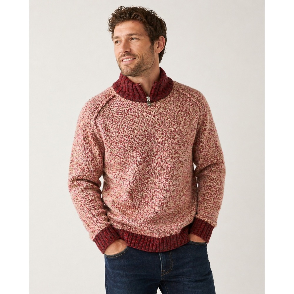 TIMBERLAND Quarter Zip Sweater Mens Medium Burgundy Red 100% Lambswool Marled‎